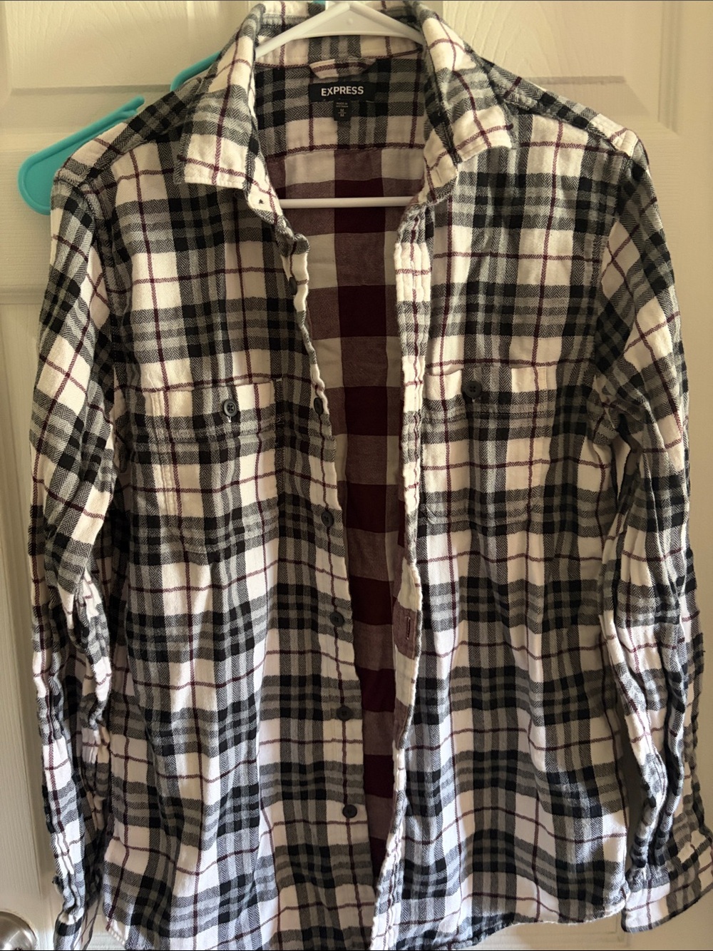 Express Men’s Black, White & Maroon Plaid Button-Down Shirt